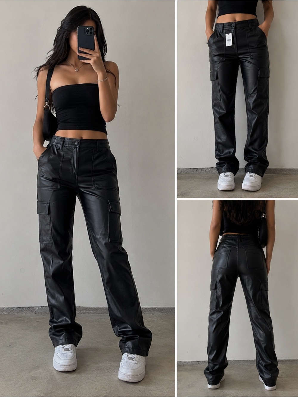 NWT American Eagle Black Faux Leather Cargo Pants Size 4 Stretch Y2K